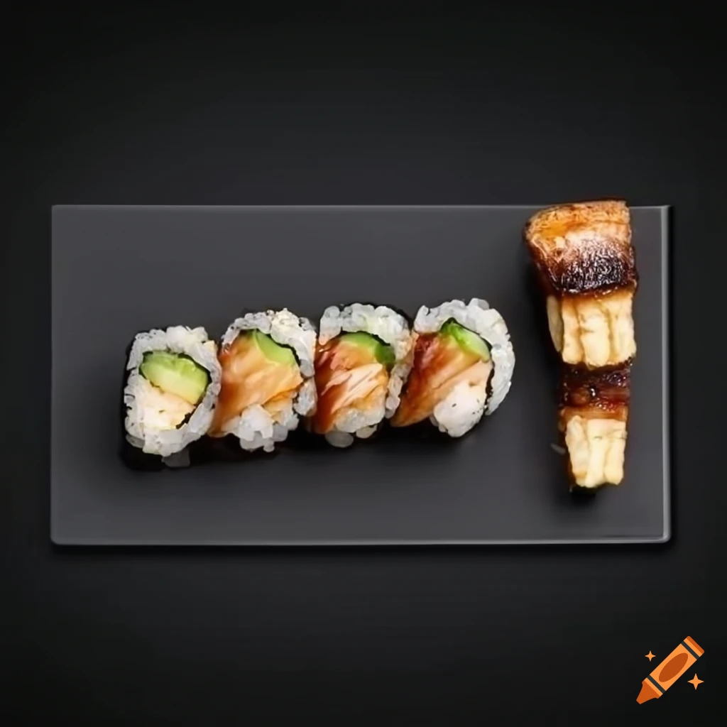 Arrangement of 3 sushi with roasted eel topping on a black stone plate