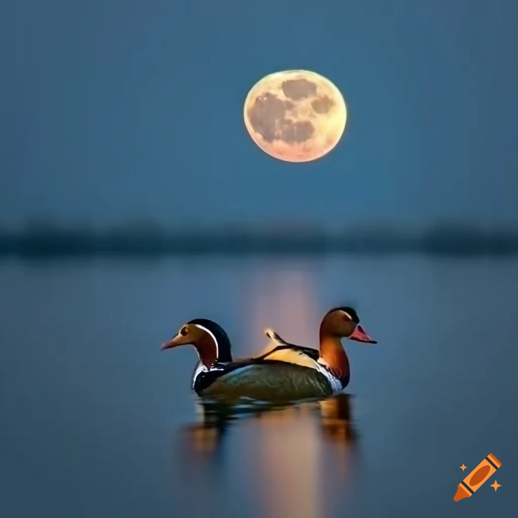 Mandarin ducks admiring their reflection in a moonlit lake