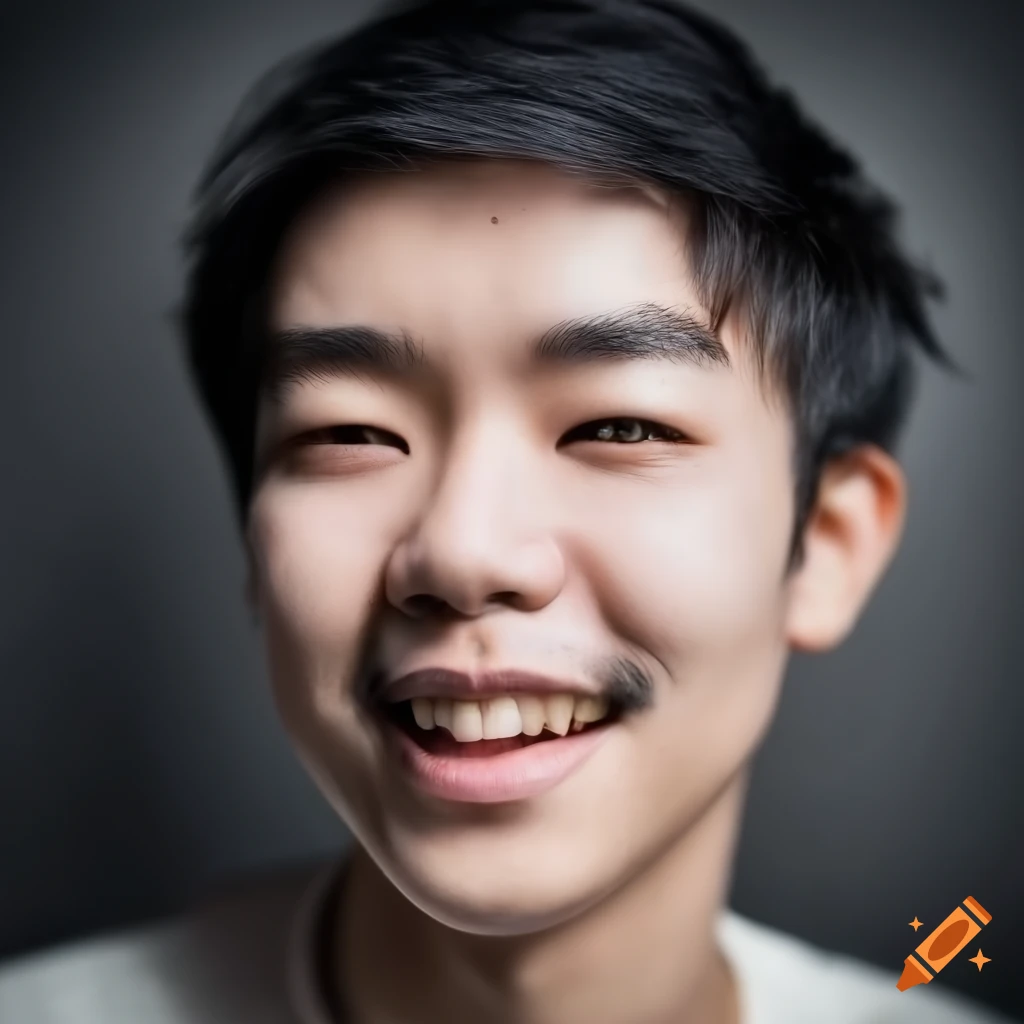Young Chinese man with black short hair and round face on white background