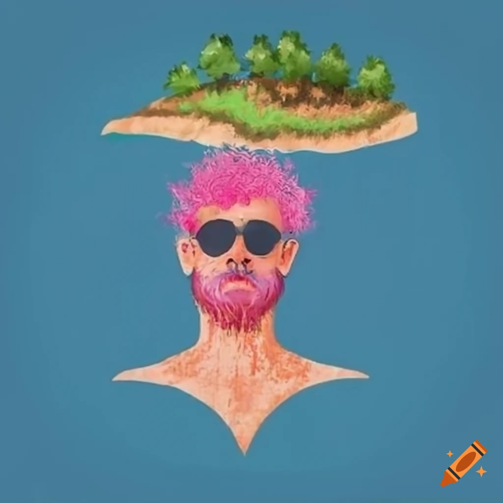 Flag featuring a man with pink hair on an island