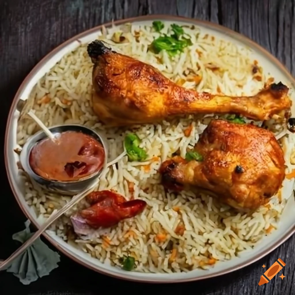 Delicious pulao and chicken tikka leg piece