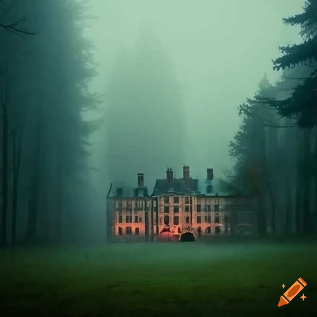 1930s haunted hotel in foggy woods