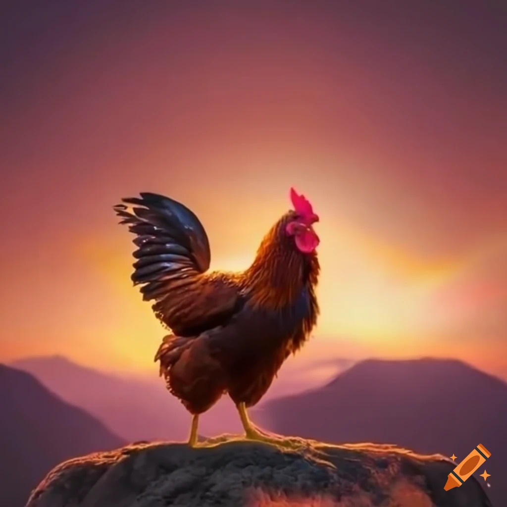 Screaming chicken with sunset over mountains in the background