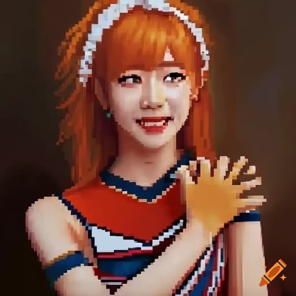 Smiling Korean idol in magical girl cosplay cheerleader uniform with orange hair