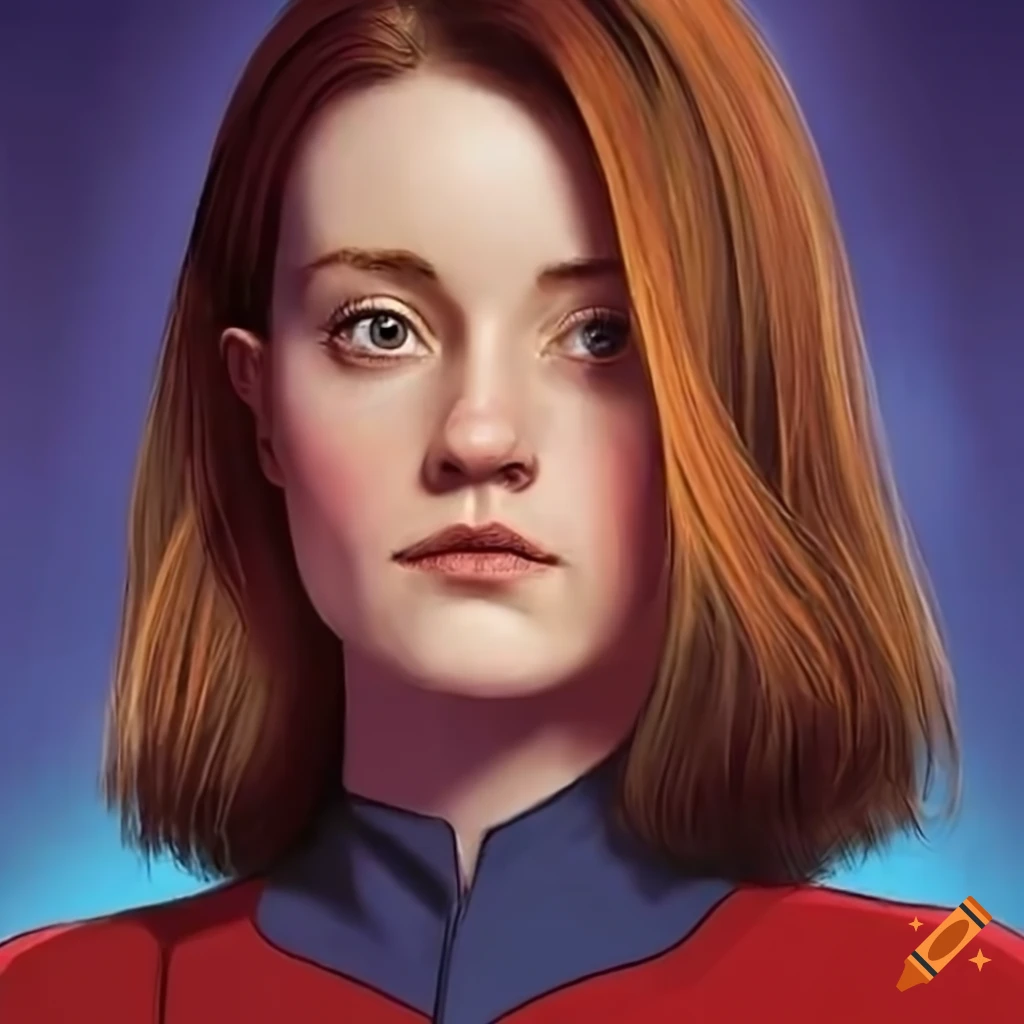 Sigrid as young Captain Kathryn Janeway on starship Voyager in vibrant Star Trek poster art