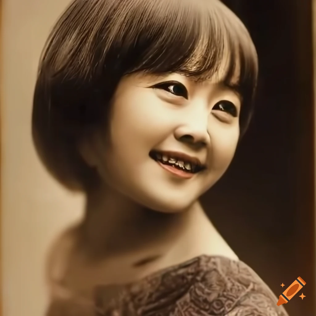 Smiling Korean actress at a shrine with a layered bob hairstyle in a detailed 1890 archive photo