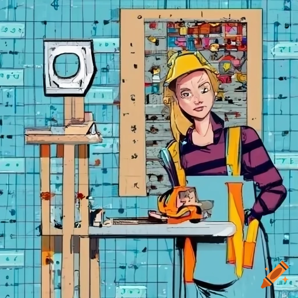 Blonde carpenter working in a comic style