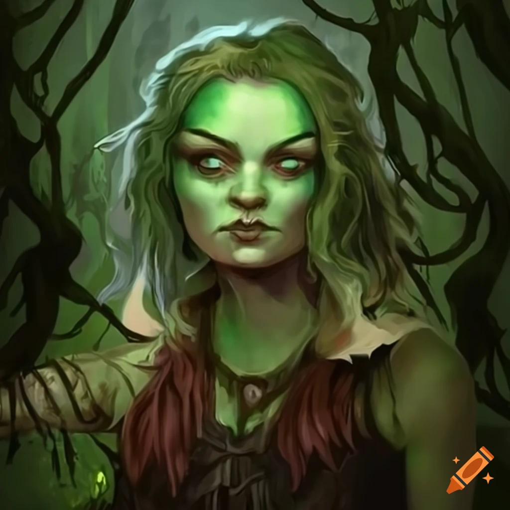 Jenn Lyon as a bog witch dwarf in a swamp fantasy scene