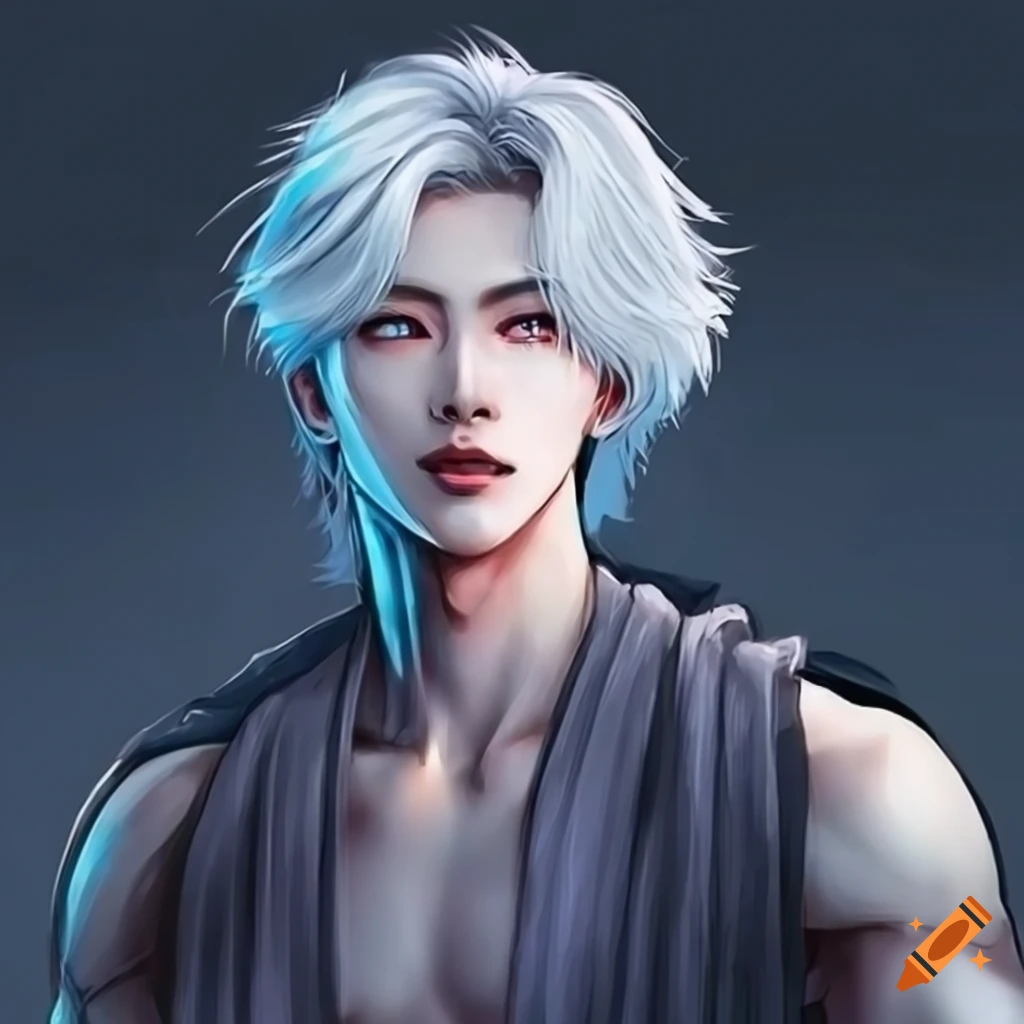 White-haired, ice-blue-eyed, strong Korean man