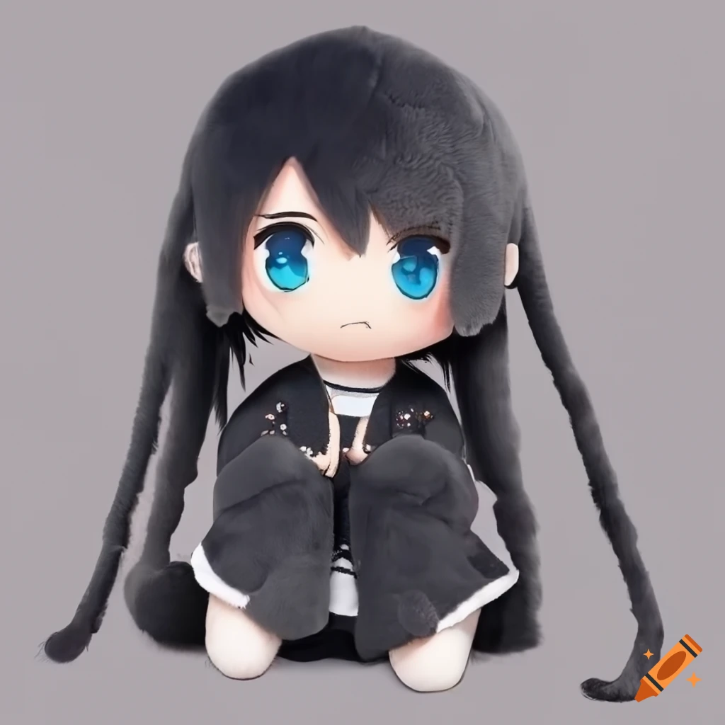 Large anime girl plush with long black hair and a cheery smile