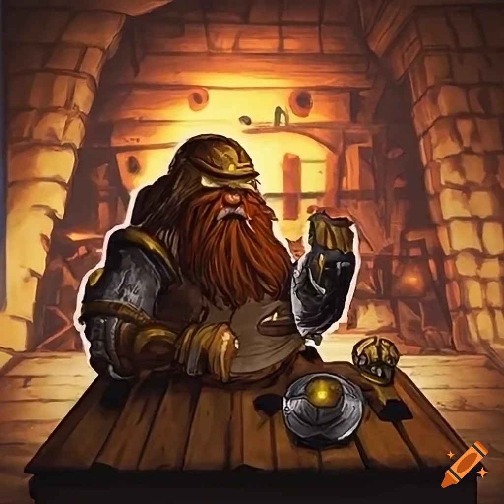 RPG book cover featuring a dwarf in a medieval tavern with an open book