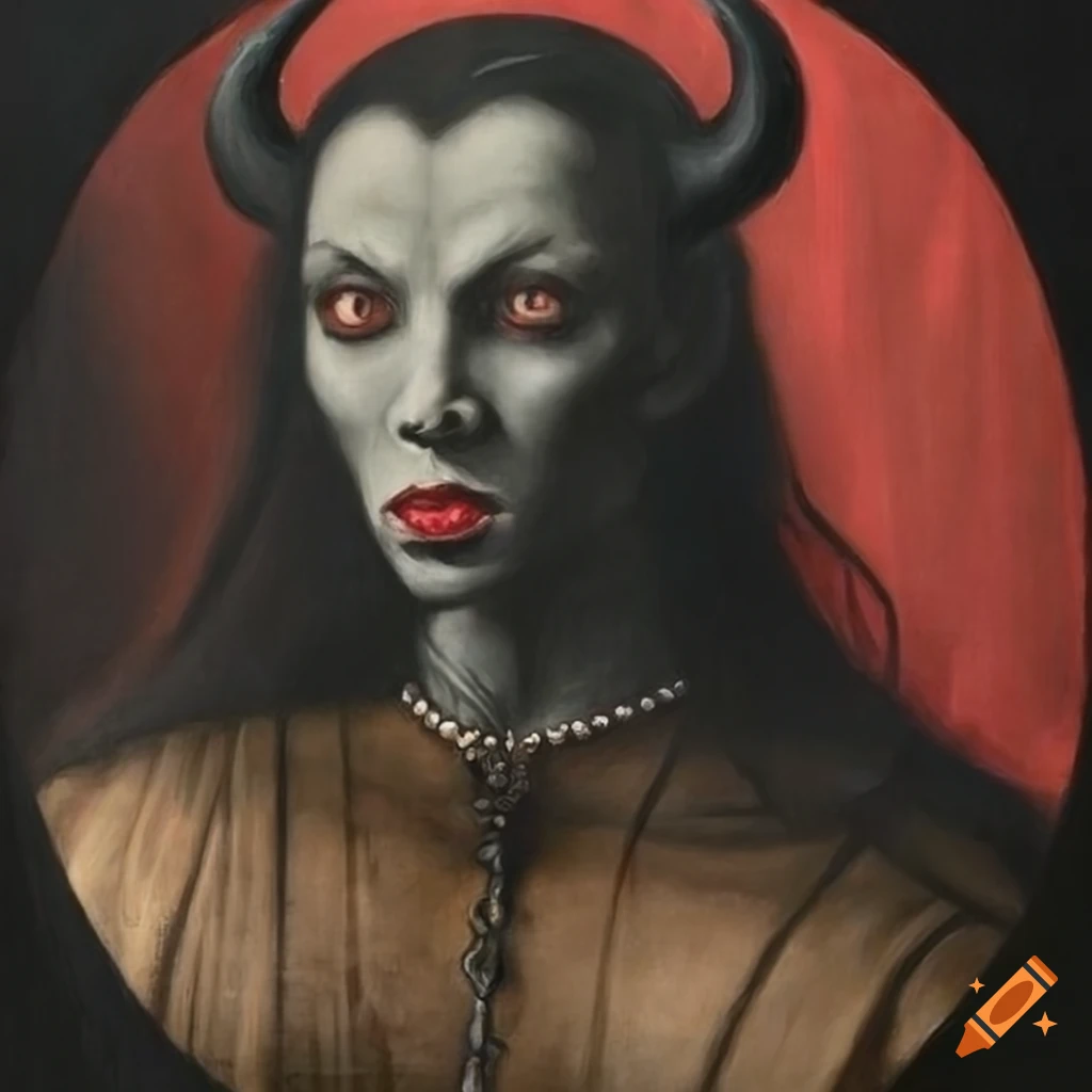 Closeup of a black vampire with horns in a Renaissance painting