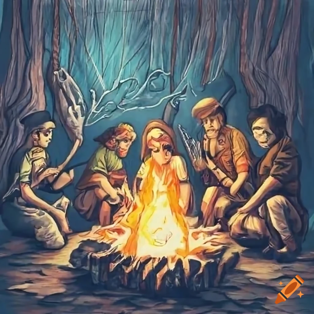Adventurers around a campfire on their final night together