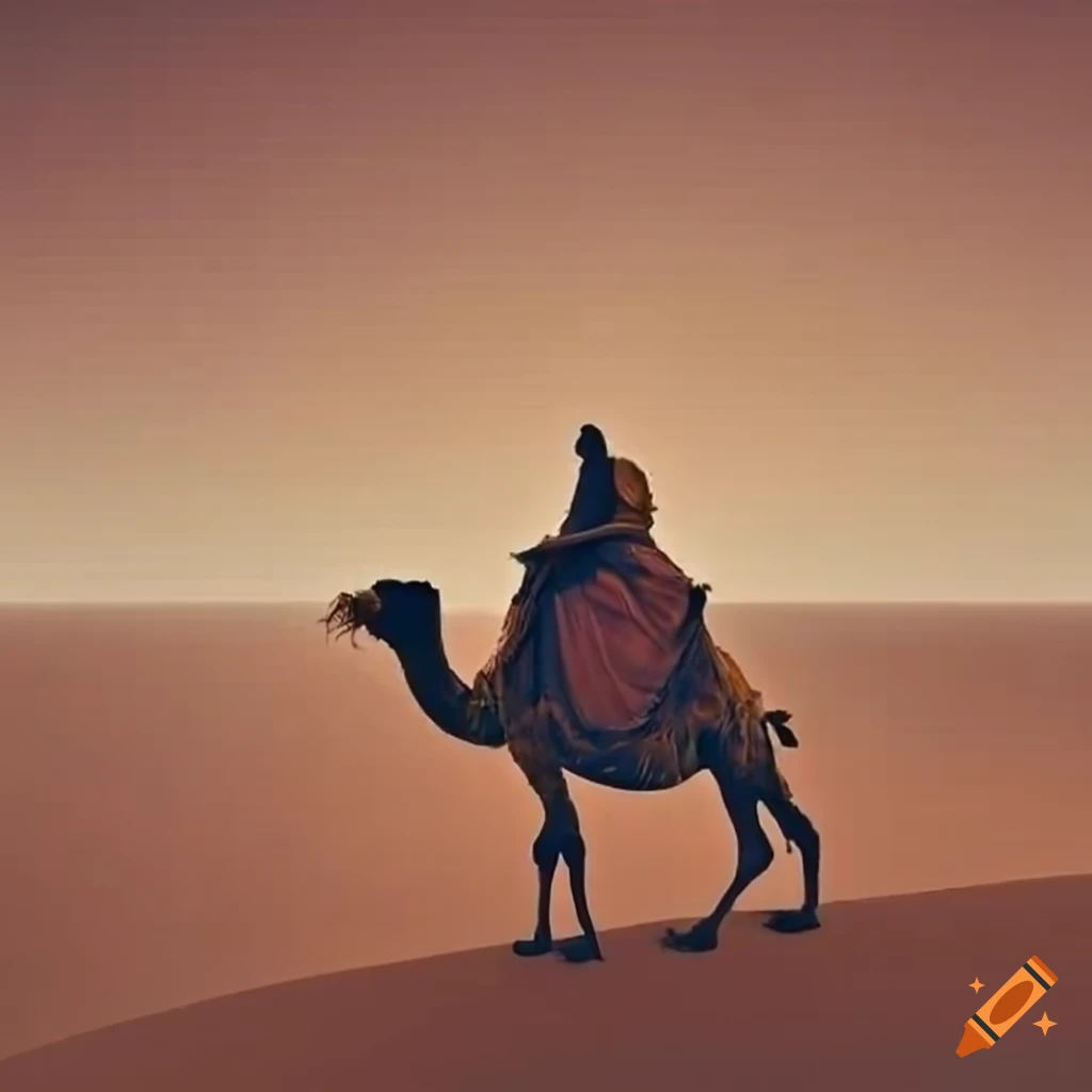 Nomads and travelers crossing vast desert on camels and foot from bird's eye view in renaissance style