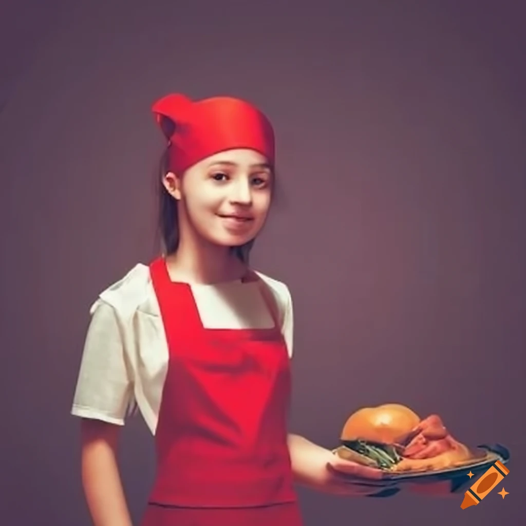 Young cashier in a red apron serving customers