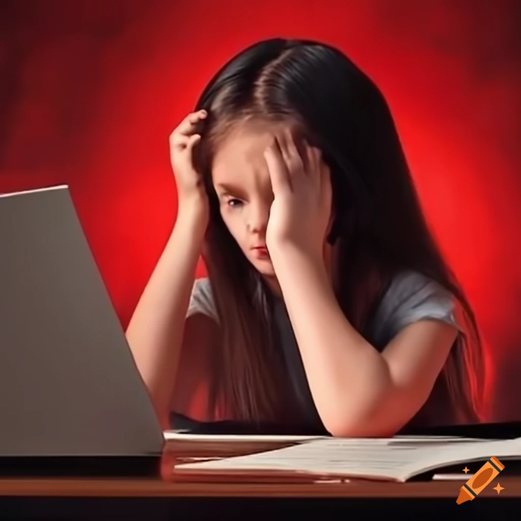 Worried student sitting in front of a computer in a red-themed ...