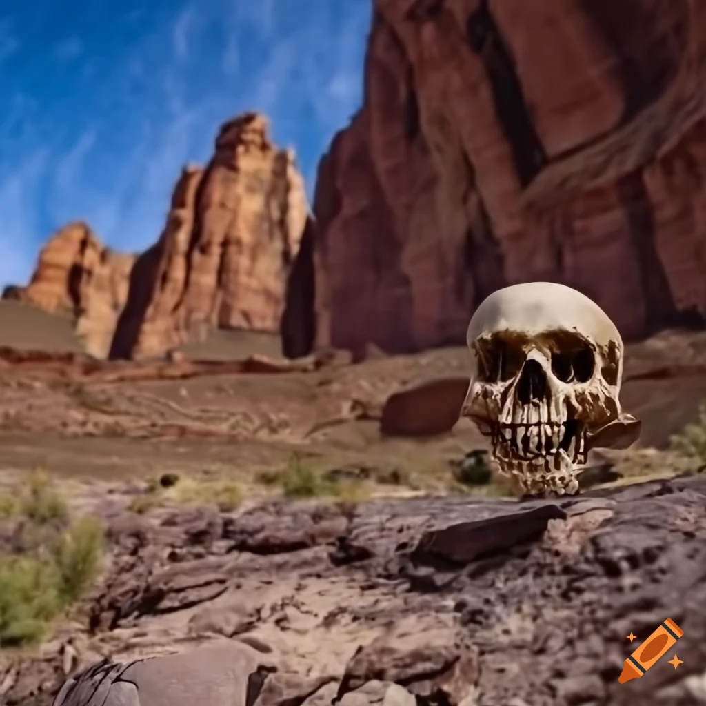 Desert canyon with a human skull in the foreground