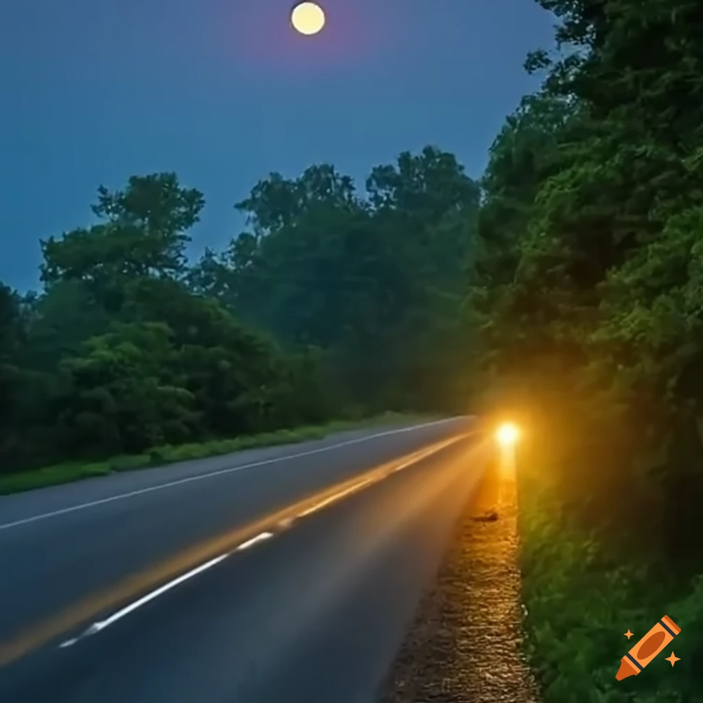 Moonlit evening scene with trees and vehicles on road