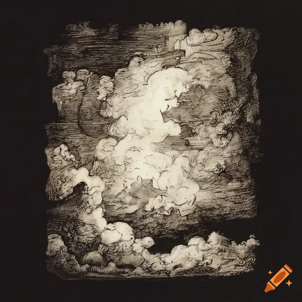 Clouds depicted in Piranesi etching style
