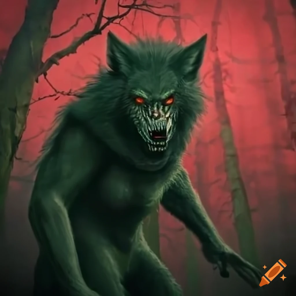 Werewolf in dark green forest under blood red skies