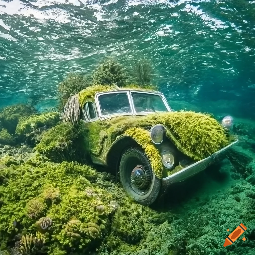 Underwater scene with an old mossy hobbit car surrounded by bubbles and corals