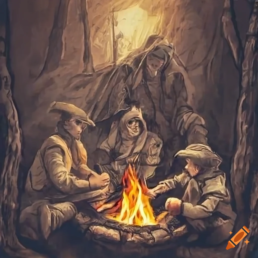 Adventurers around a campfire on their final night together