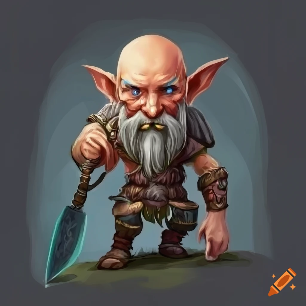 Detailed fantasy gnome warrior with distinctive features and two-handed sword