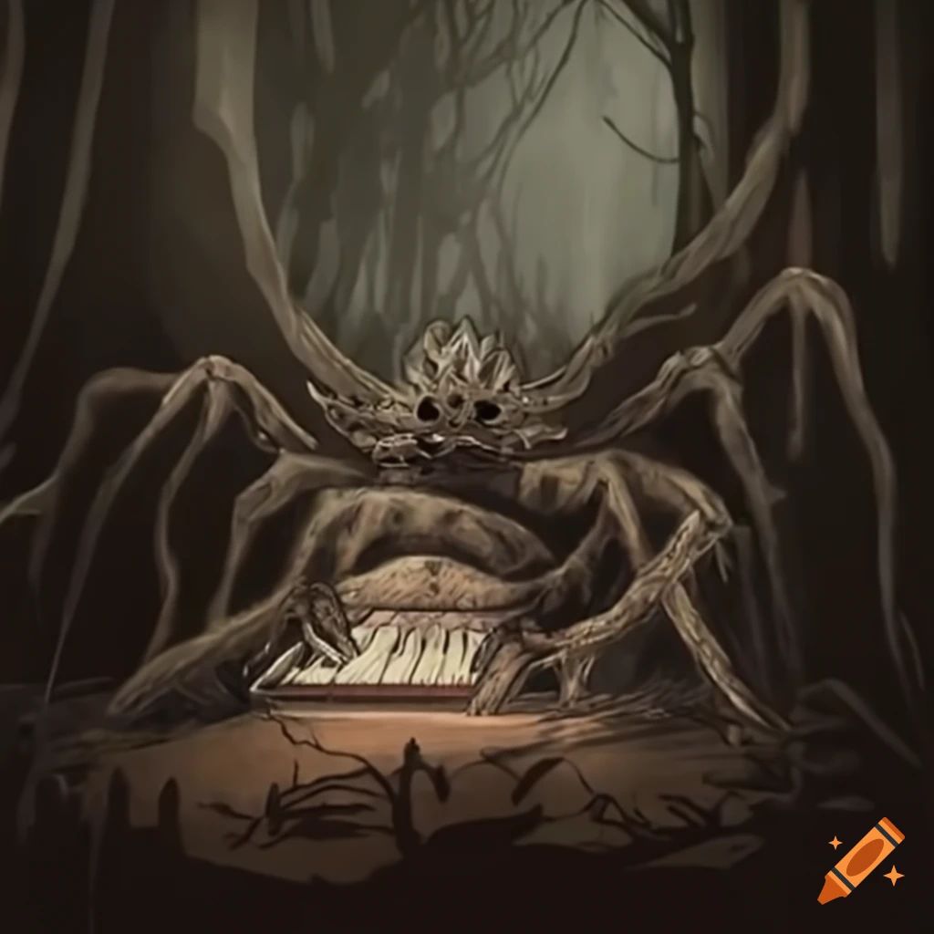 Giant spider playing grand piano in enchanted forest