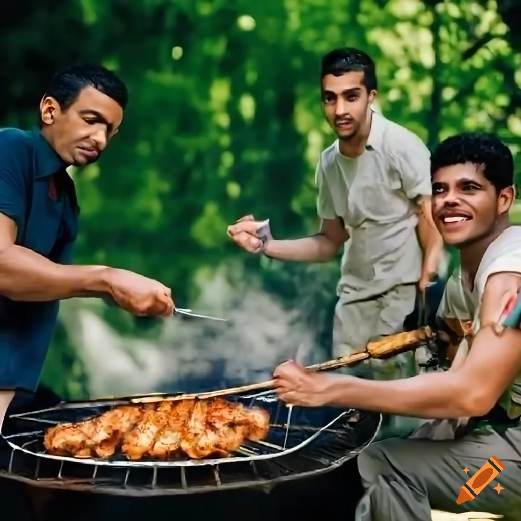 Group of men with Arabic features cooking kebabs in a sunny park