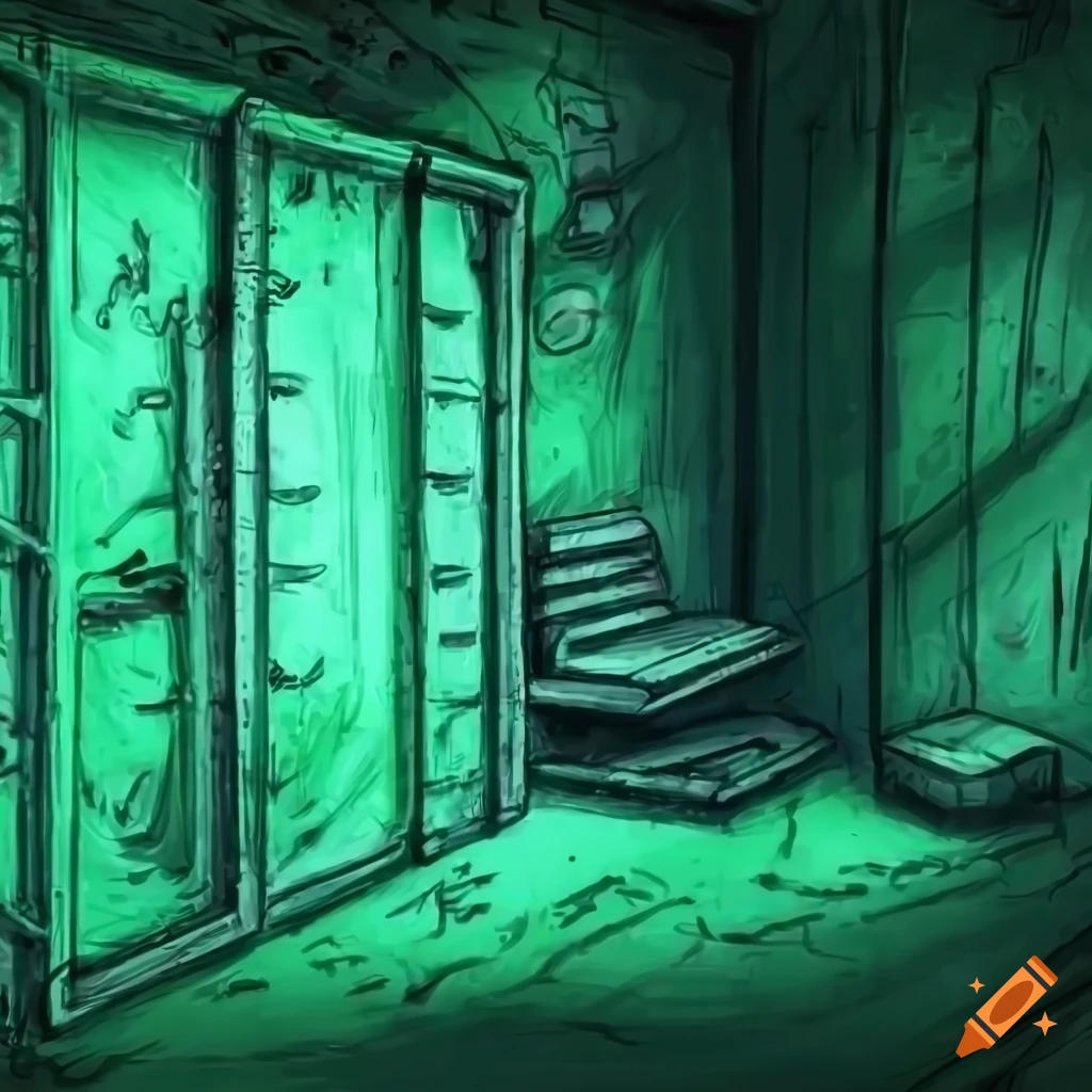 Sci-fi metal prison cell in a rough sketch art style with green screen background