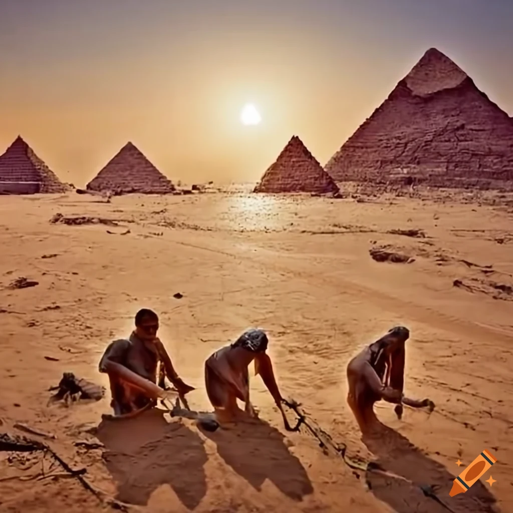 Ancient Egyptian workers relaxing by the pyramids at sunset