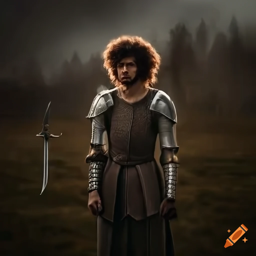 Young man in medieval armor with a sword in a mysterious field setting