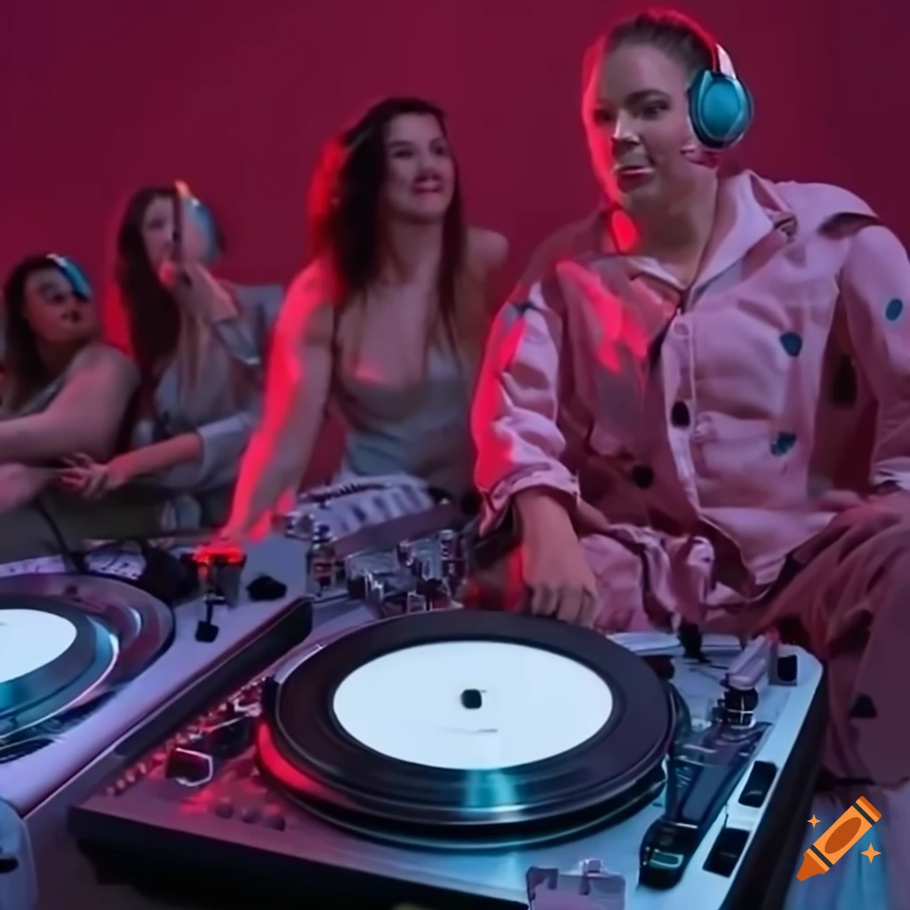 Dance party in pajamas with DJ in bed and people dancing around