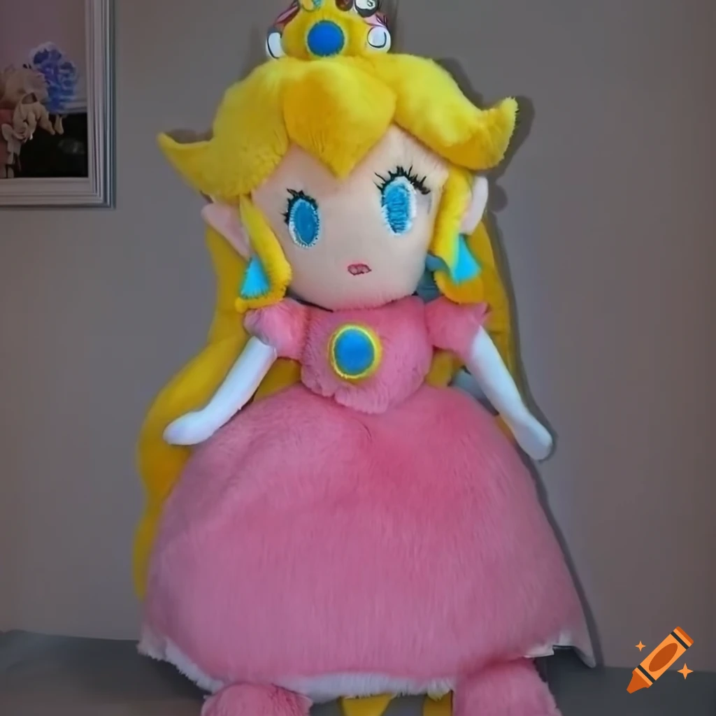 Princess Peach transformed into a large anime girl plush with fuzzy bubble-patterned hair, smiling cheerfully