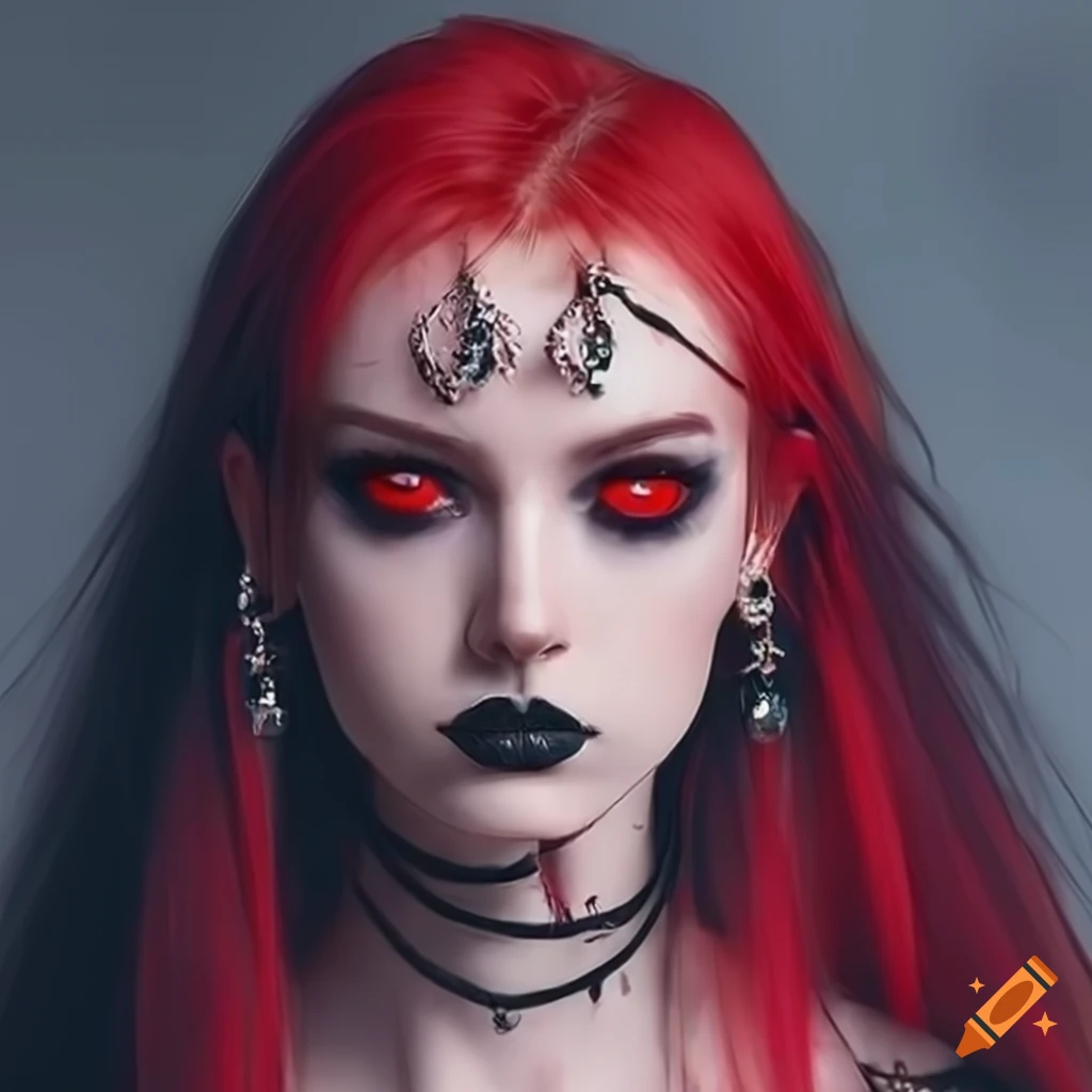 Female with blood red hair, red eyes, and gothic attire