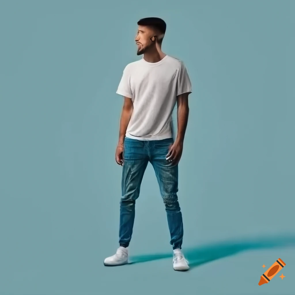 Man in white t-shirt and blue jeans with white sneakers standing