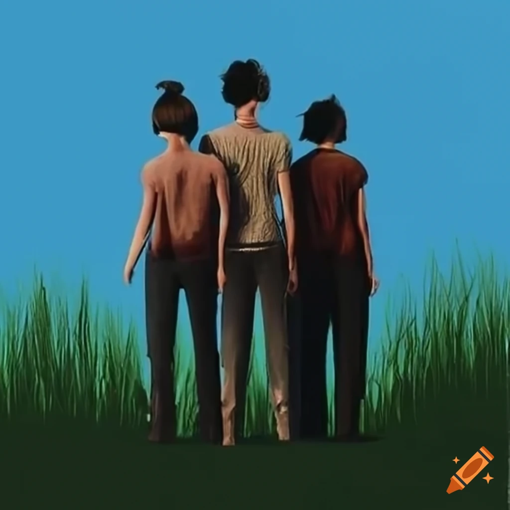 Group of people standing on green grass under a blue sky