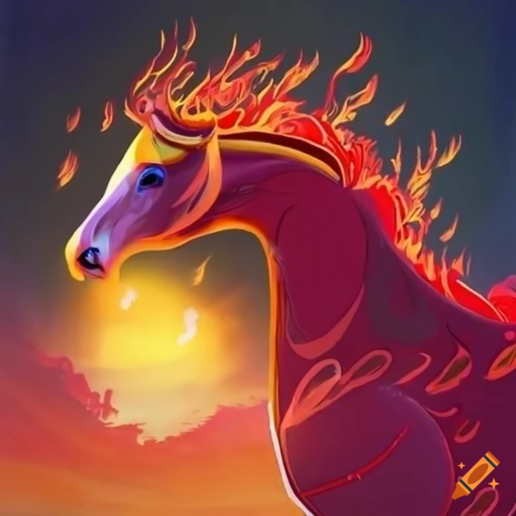 Young female fire horse and Chinese phoenix running in the style of Big Fish & Begonia