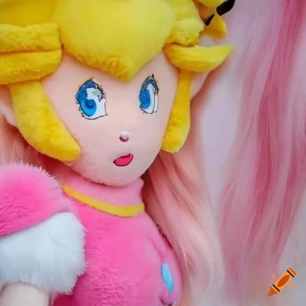 Princess Peach transformed into a large anime girl plush with fuzzy bubble-patterned hair, smiling cheerfully