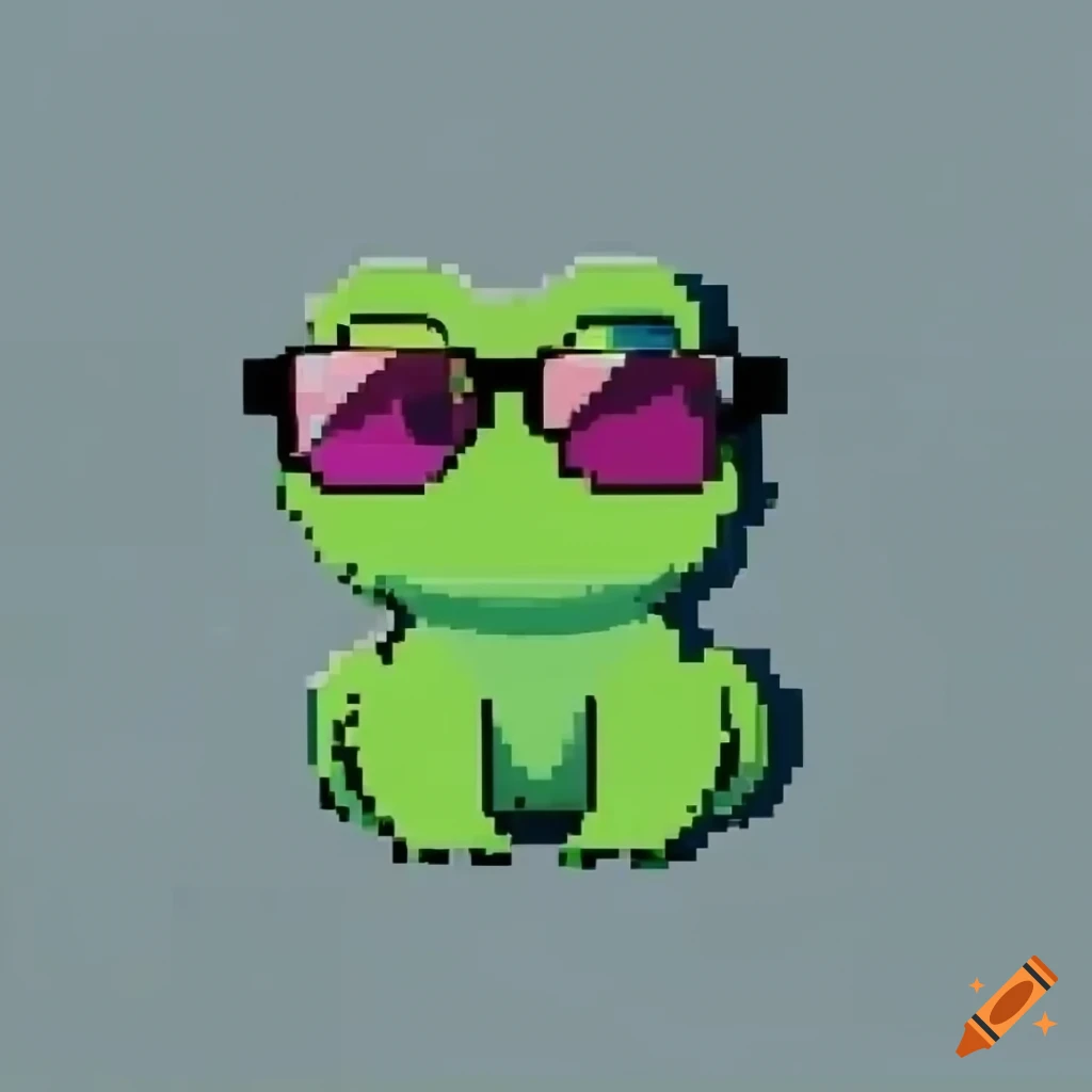 Cute small frog graffiti with pixel sunglasses on a grey wall