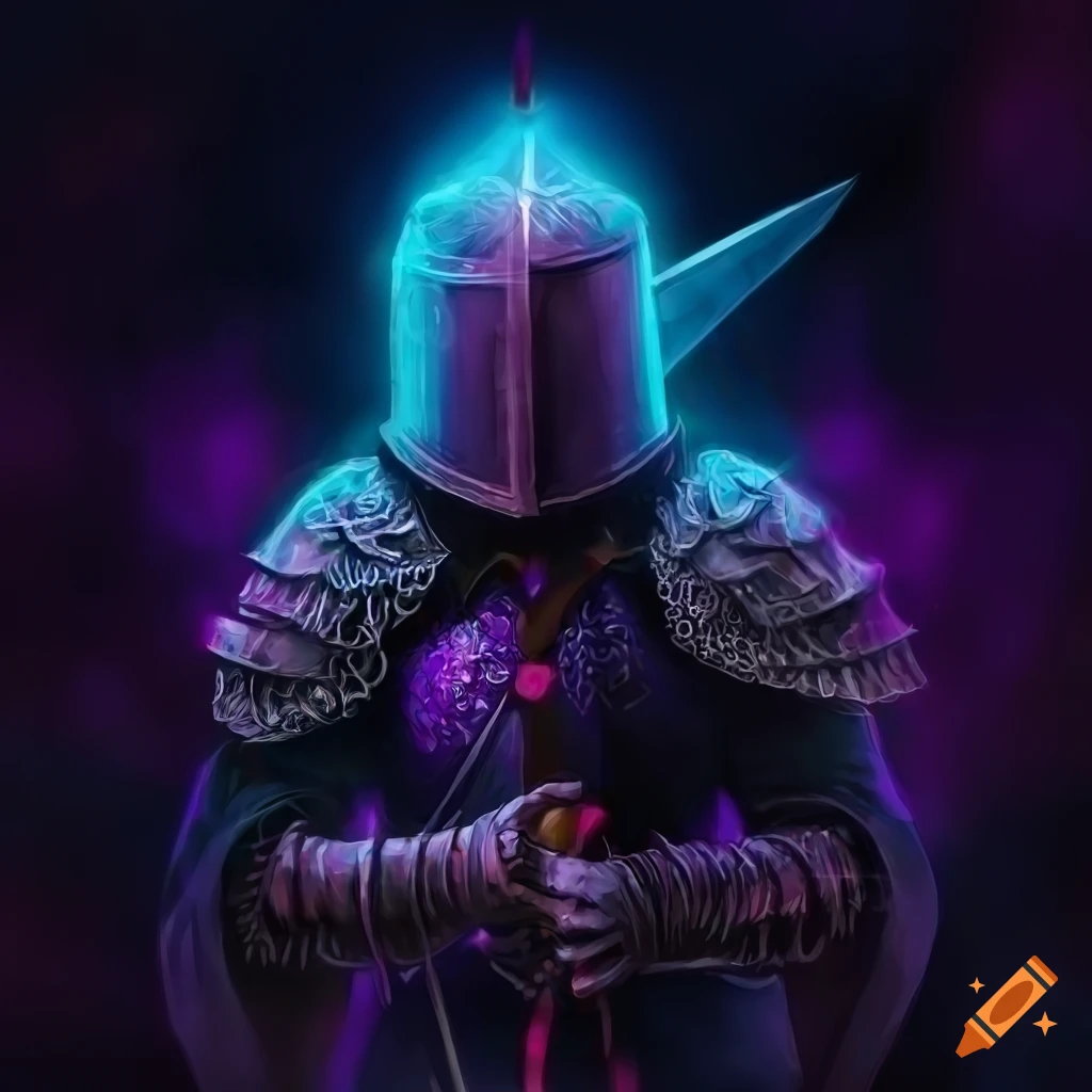 Dark fantasy knight holding lantern and sword in midnight setting