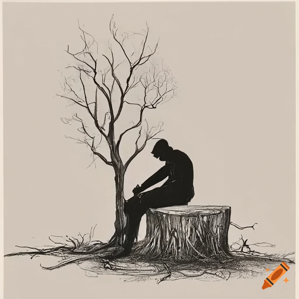 Silhouette of a man sitting against a dead tree in the rain with a French kepi hat, writing on a computer