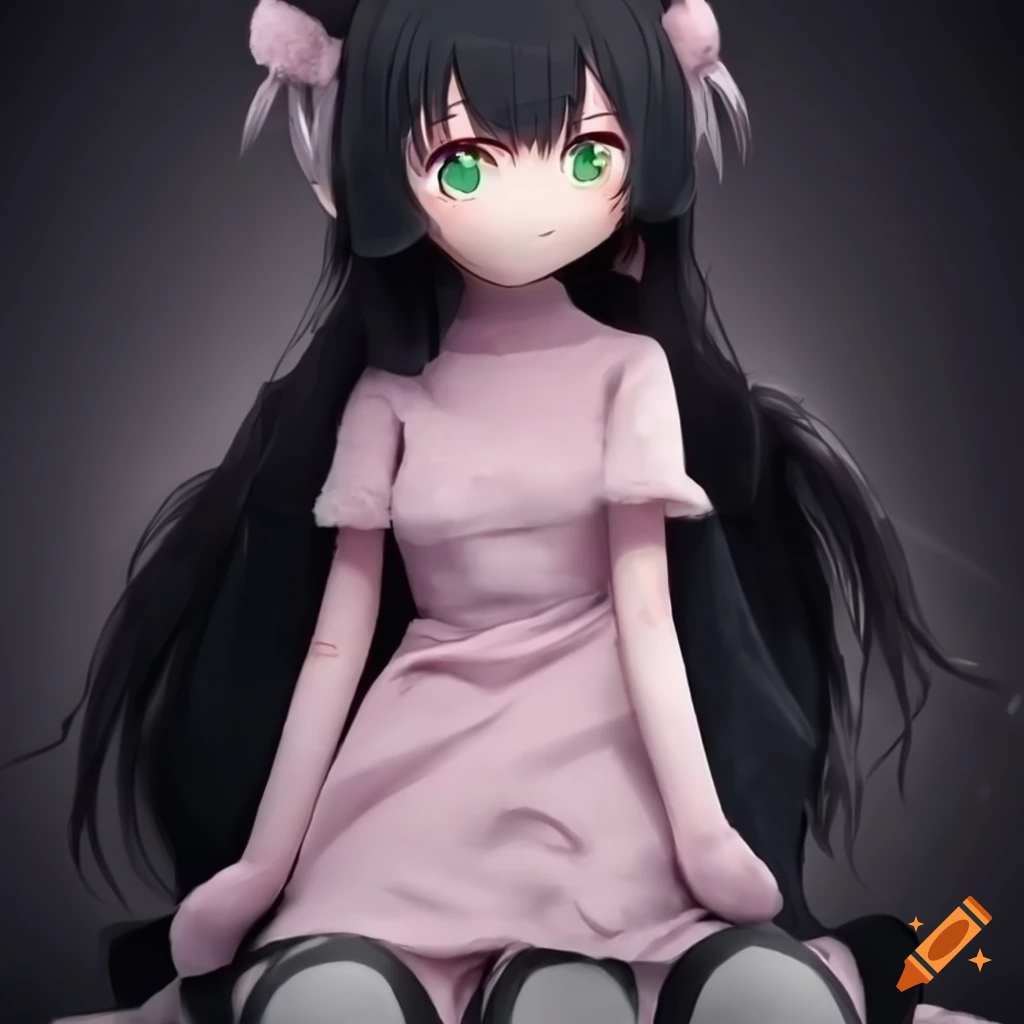 Large anime girl plush with long black hair and a cheery smile
