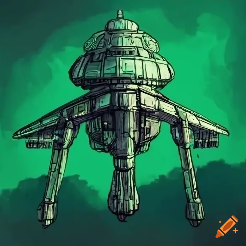 Sci-fi space station ship in a rough sketch art style with green screen background