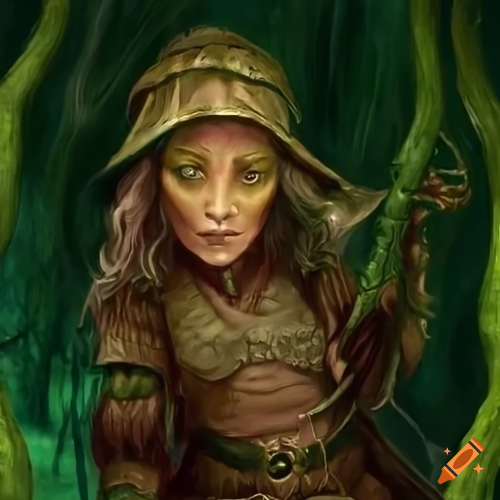 Jenn Lyon as a bog witch dwarf in a swamp fantasy scene