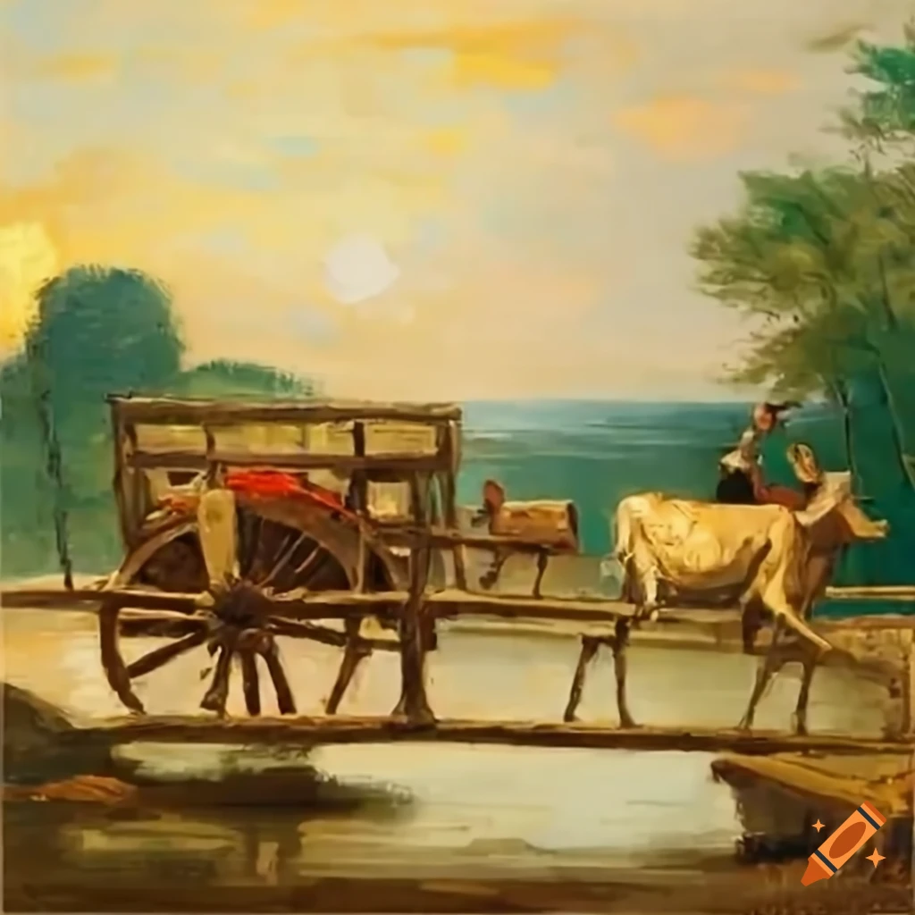 Farmers with bullock cart on bridge at sunset