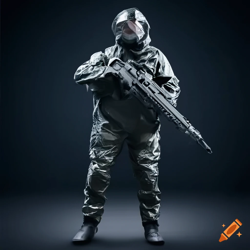 SWAT member in hazmat suit holding tactical rifle