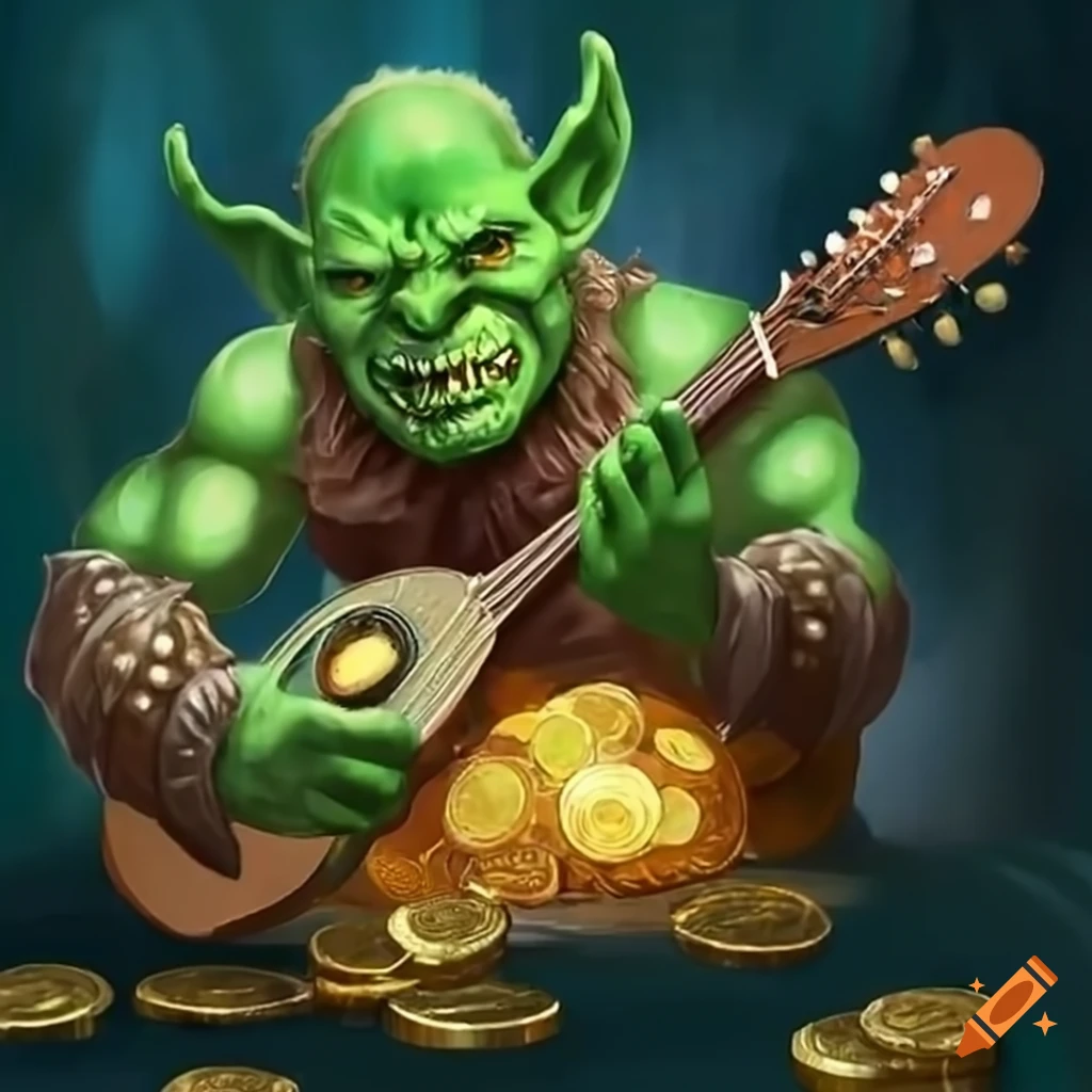 Fantastical green orc playing a mandolin among gold coins