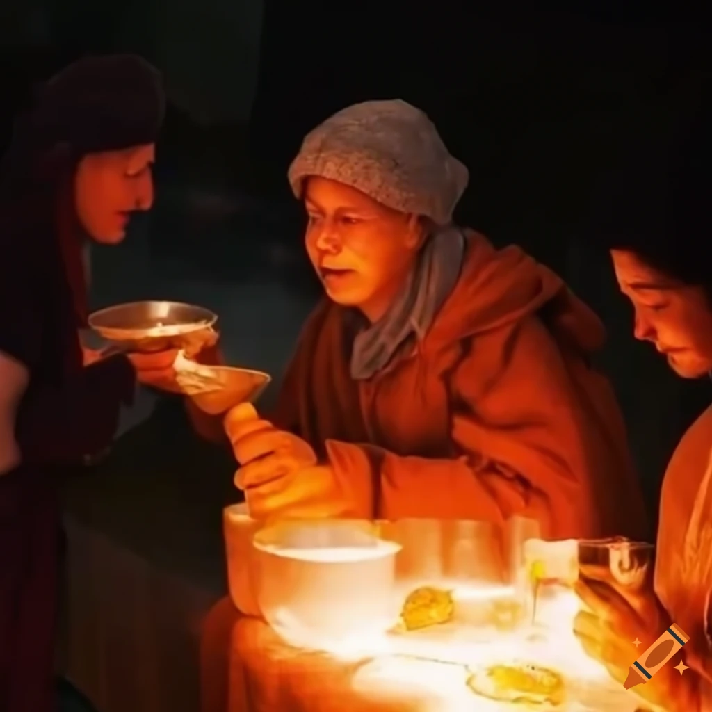 Volunteers serving soup to people in queues