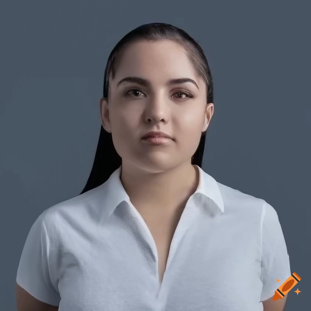 Chubby young woman with straight hair and sporty white shirt